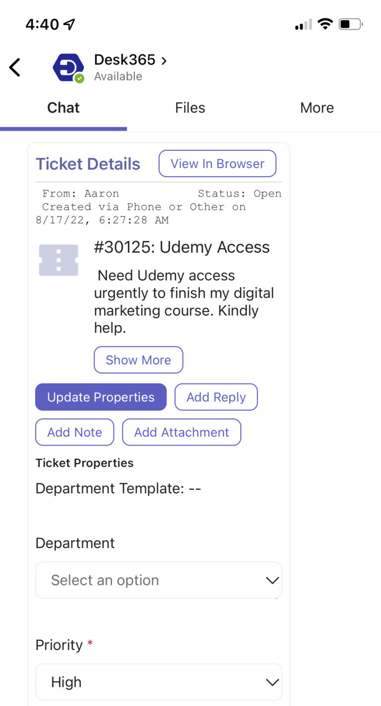 updating ticket properties in agent bot in Teams app in mobile version