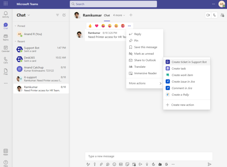convert incoming messages into a trackable ticket in Microsoft Teams