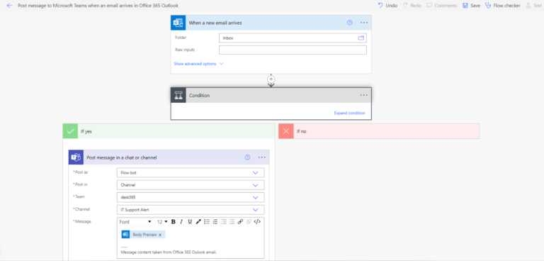 flow steps between Outlook and Teams