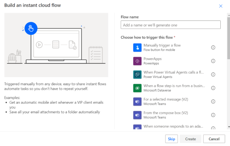 Instant cloud flow in Power Automate