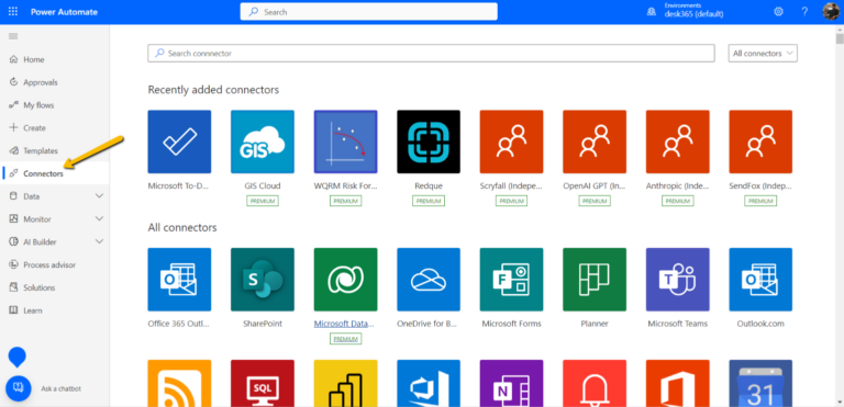 choosing connectors option in Power Automate