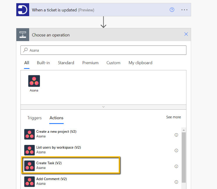 choosing create a task in Asana as the action step
