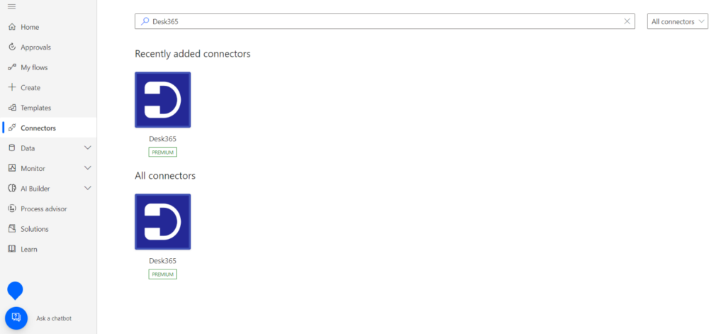 searching for Desk365 connector in the connectors search box