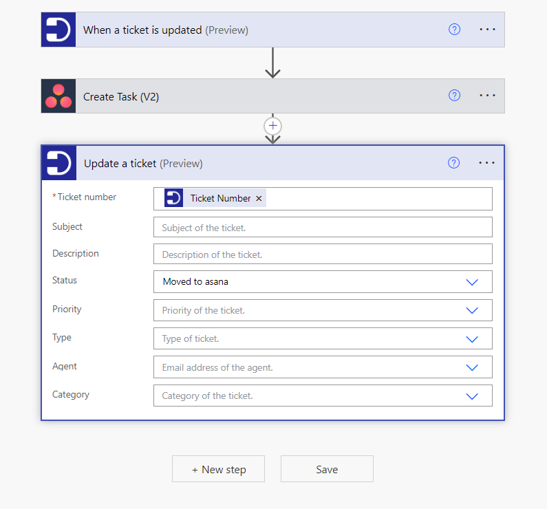 update ticket in Desk365 once a task gets created in Asana