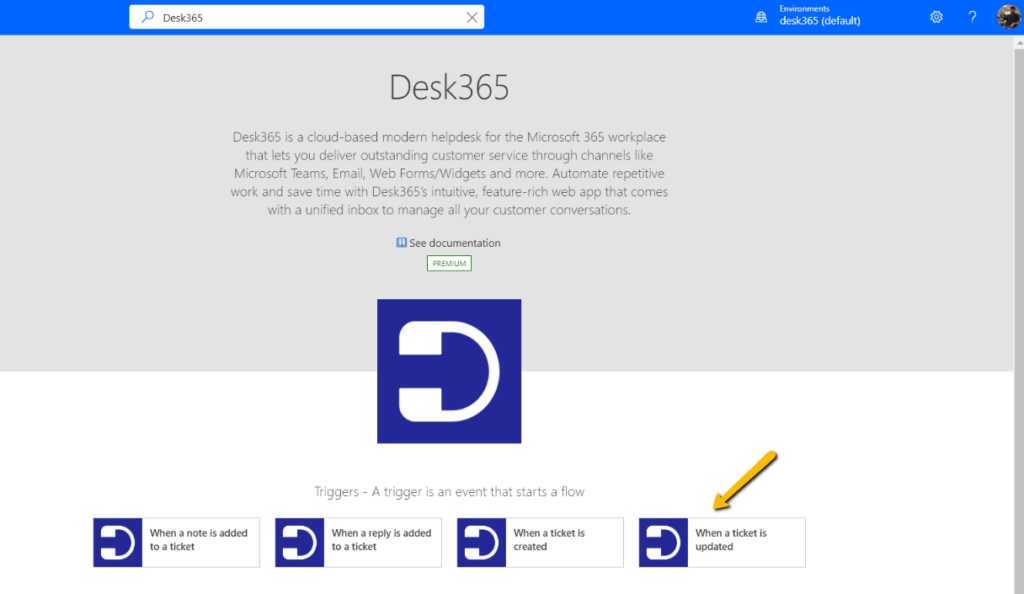 selecting 'when a ticket is updated' trigger in Desk365