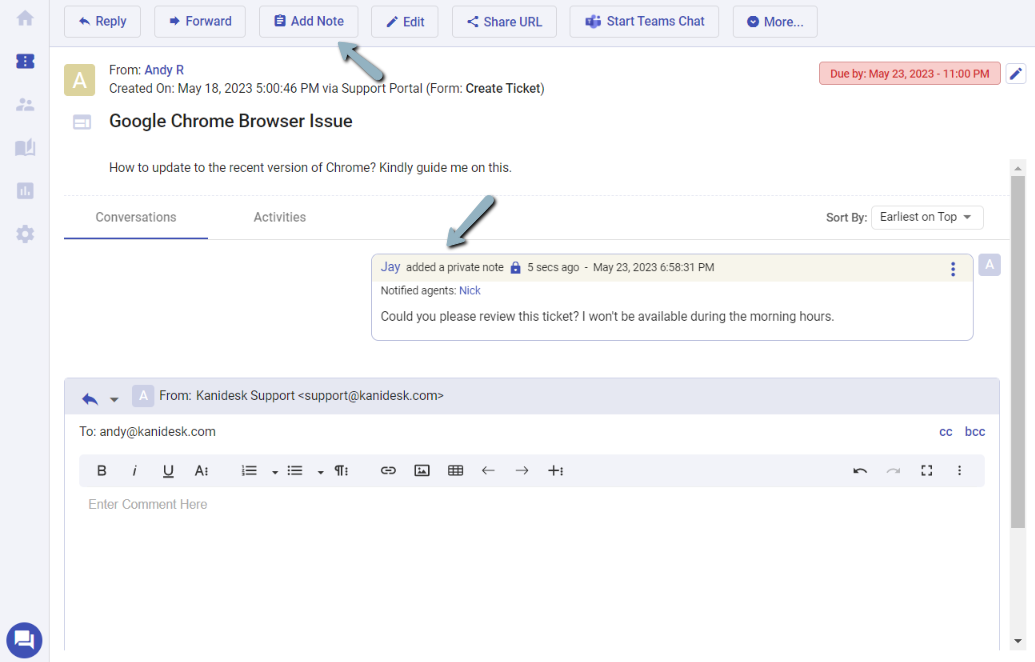 collaborating on tickets using private notes