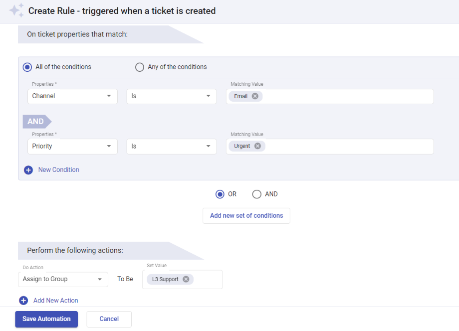 configuring automation rules during ticket creation