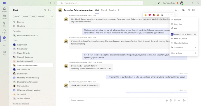 convert microsoft teams message to a ticket desk365