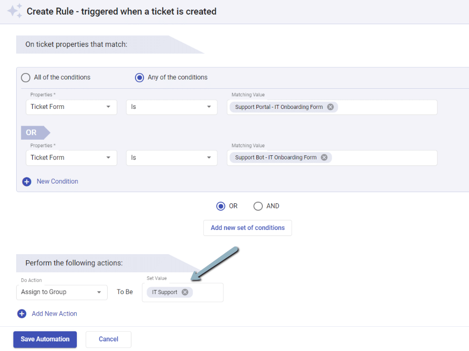 creating an automation rule using ticket form properties