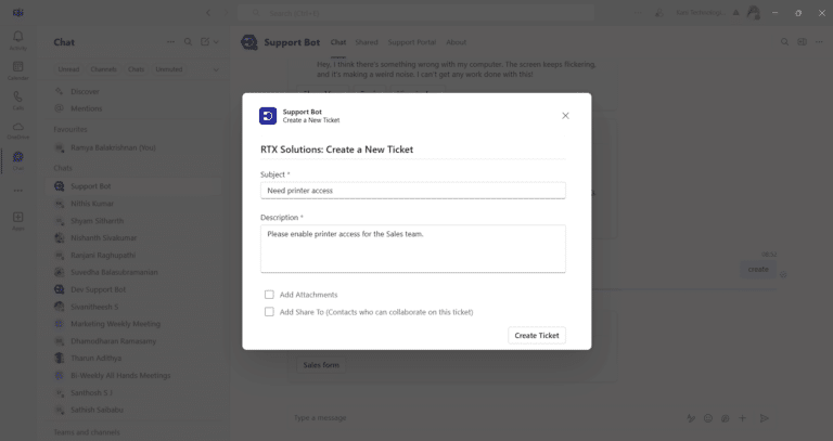 desk365 support bot creating a new ticket