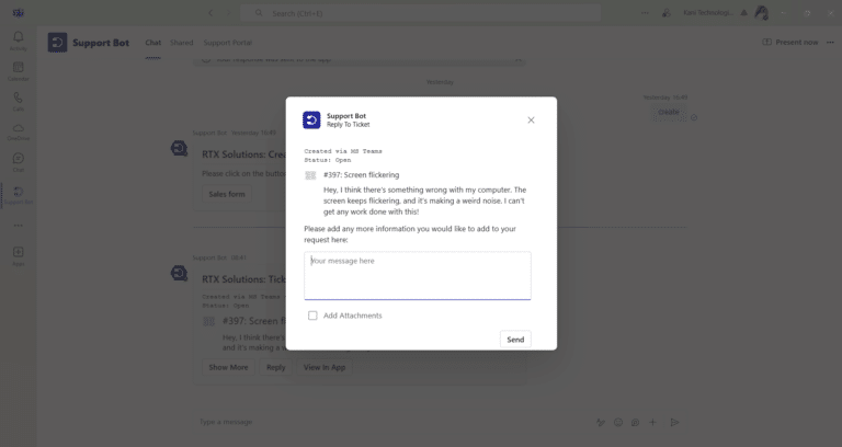 desk365 support bot replying to ticket