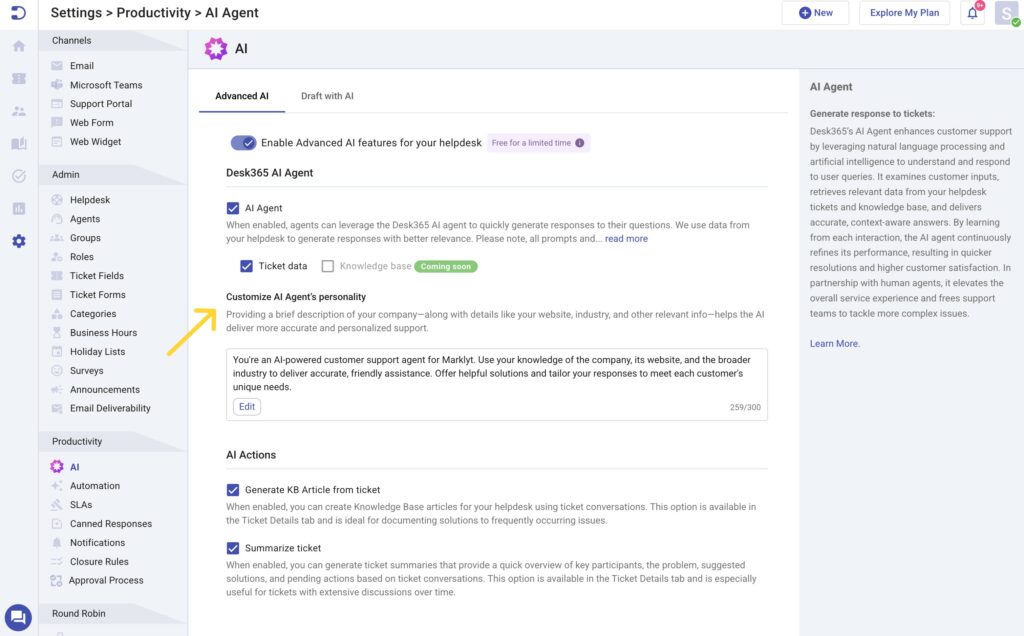 customize desk365 ai agent personality scaled