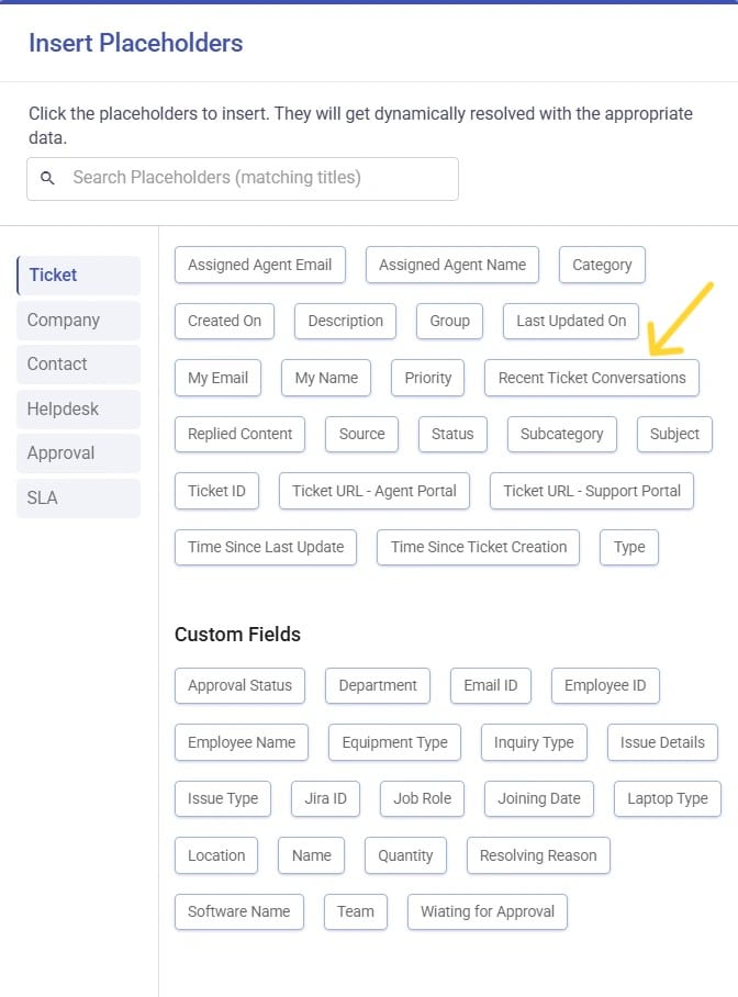 recent ticket conversations placeholders in desk365