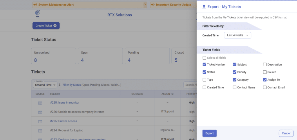 exporting tickets from the support portal