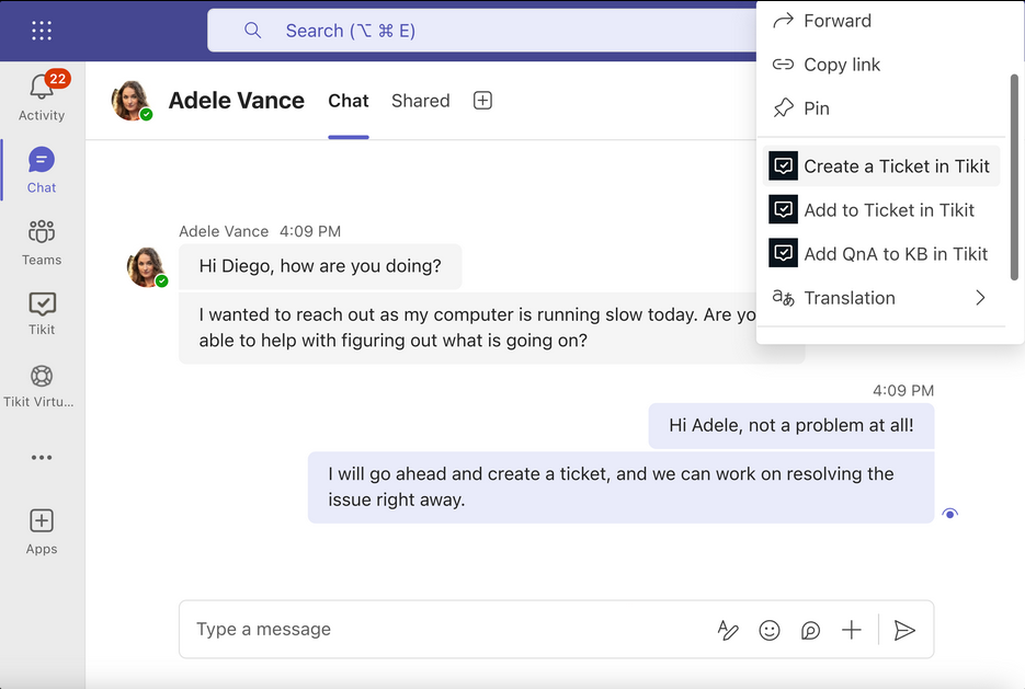 Create a ticket from Teams in Tikit