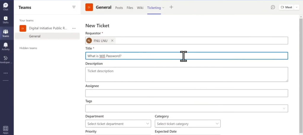 Teamswork - create a ticket